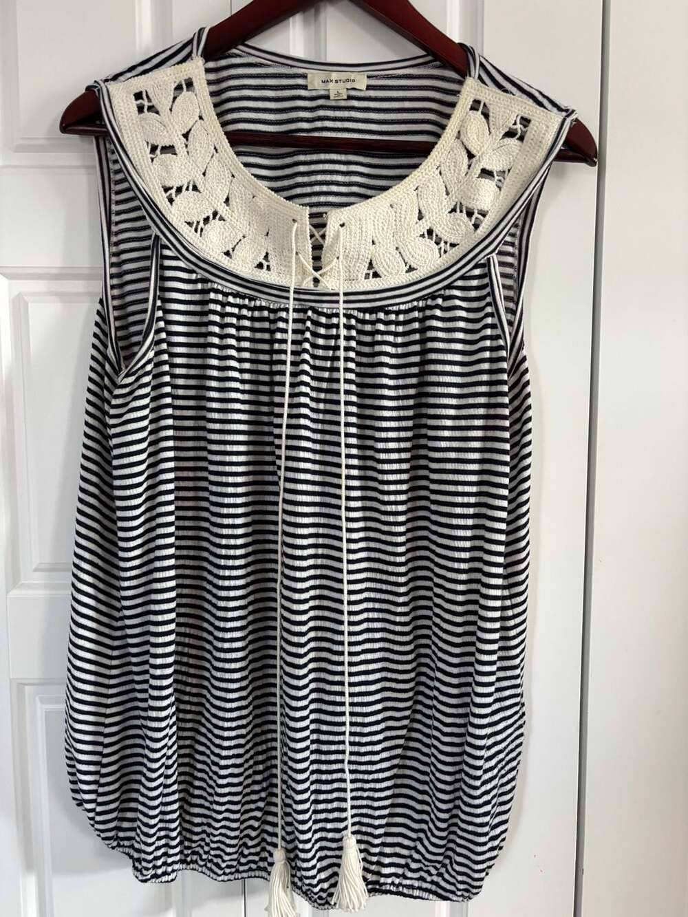 Max Studio Black and White Striped Tank Top with Crochet Lace Neckline